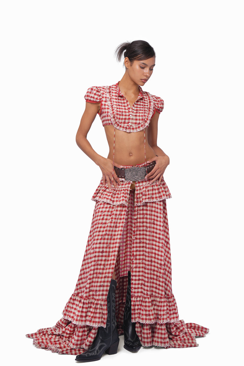 RUNWAY RESERVATION】COTTAGECORE GOWN SET- EMBROIDERED RED GINGHAM