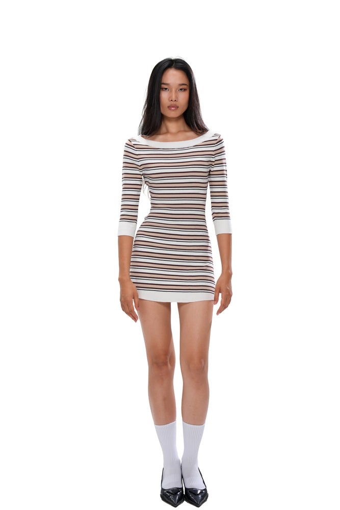 STRIPED BOATNECK KNIT MINI DRESS