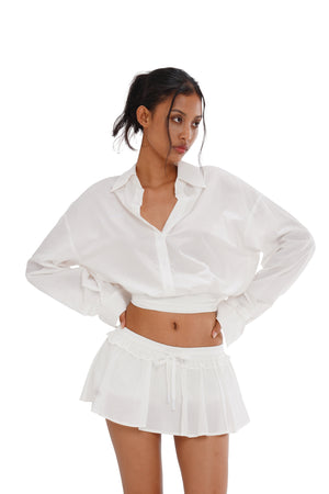 CROPPED SHIRT WITH TIGHT HEM & MINI SKIRT WITH ADJUSTABLE TIE WAIST- SKORT STYLE