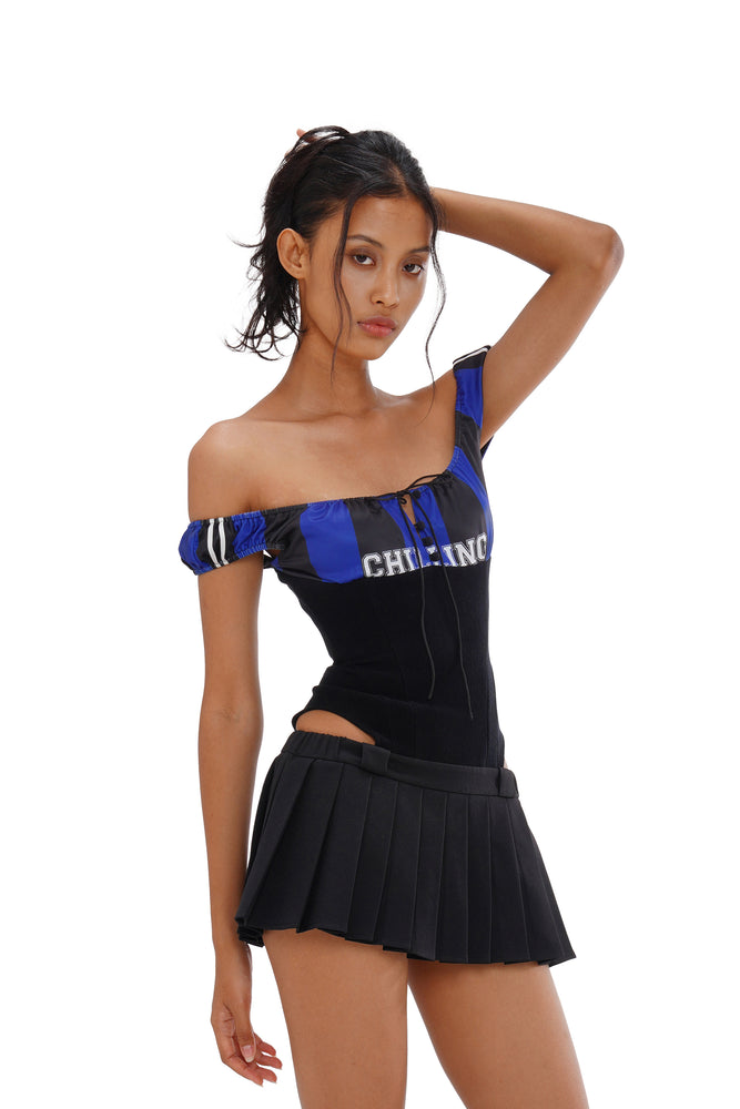 SIDE CUT OUT PLEATED MINI DRESS WITH PATCHWORK LACE-UP BUSTIER Sweet Chilling SIDE CUT OUT PLEATED MINI DRESS WITH PATCHWORK LACE-UP BUSTIER Sweet Chilling