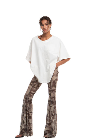 CAMOUFLAGE PRINT PATCHWORK MESH FLARE PANTS