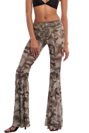 CAMOUFLAGE PRINT PATCHWORK MESH FLARE PANTS