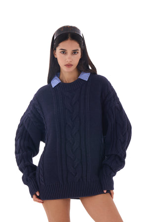 FLUFFY OVERSIZED CABLE-KNIT JUMPER WITH SHIRT COLLAR