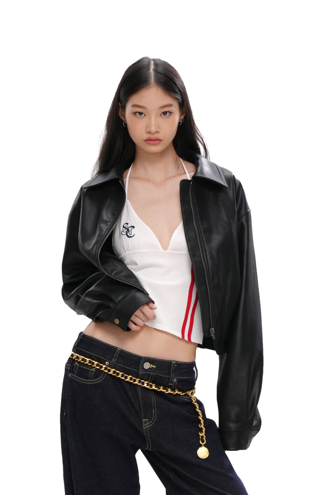 CROPPED FAUX LEATHER JACKET WITH SHERPA LINING