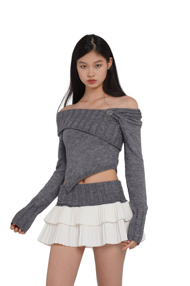 OFF-THE -SHOULDER V-NECK SWEATER & DOUBLE LAYER SKIRT – Sweet Chilling