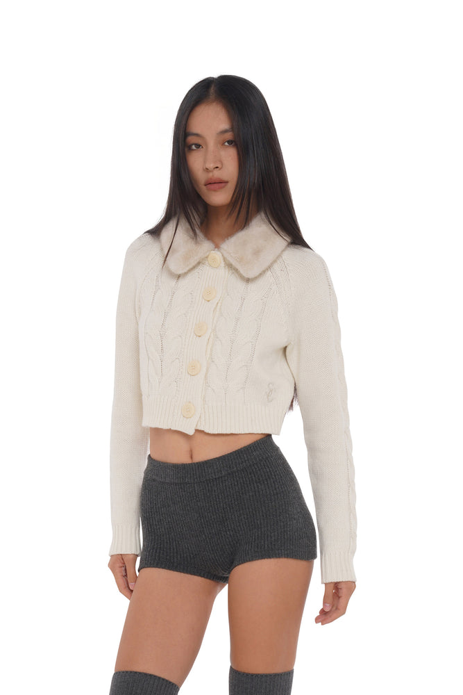 DETACHABLE SHEARLING-TRIM CABLE KNIT CARDIGAN