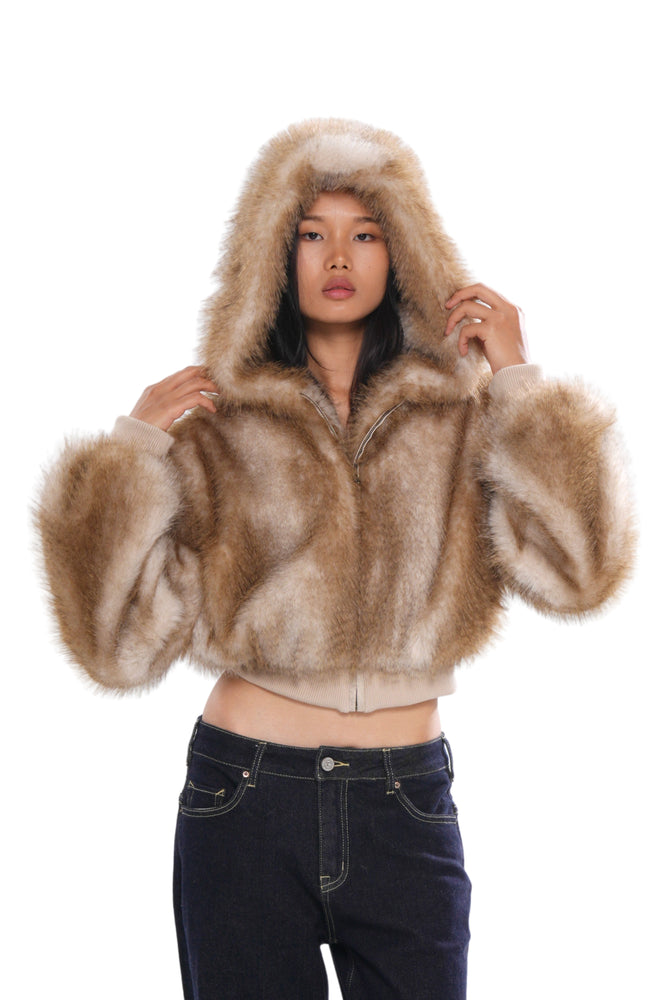 COZY FAUX FUR CROPPED HOODED JACKET