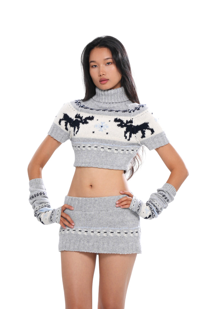 REINDEER JACQUARD CROP TOP & MINI SKIRT& GLOVES
