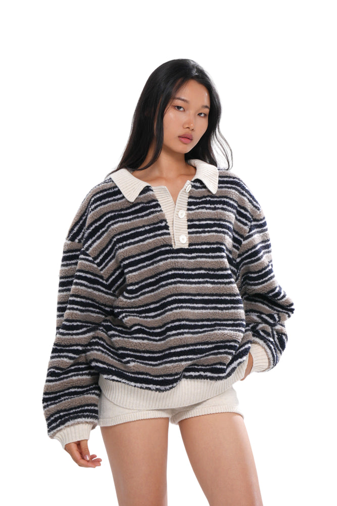 STRIPED DOUBLE-LAYER FLEECE RUGBY JACKET & KNIT SHORTS