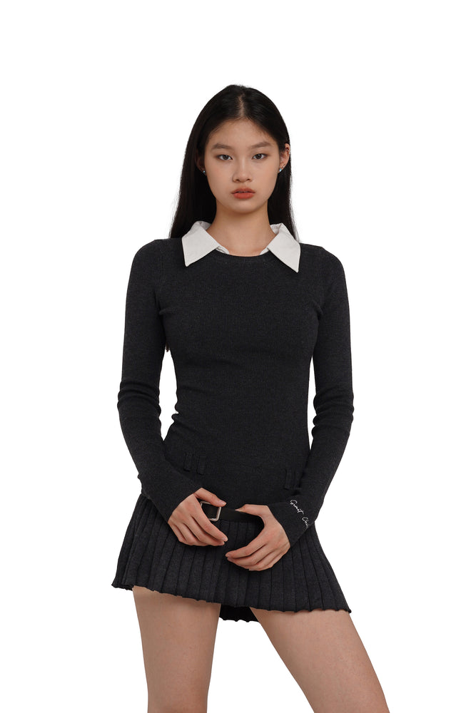 PLEATED DRESS WITH SHIRT COLLAR AND BELT