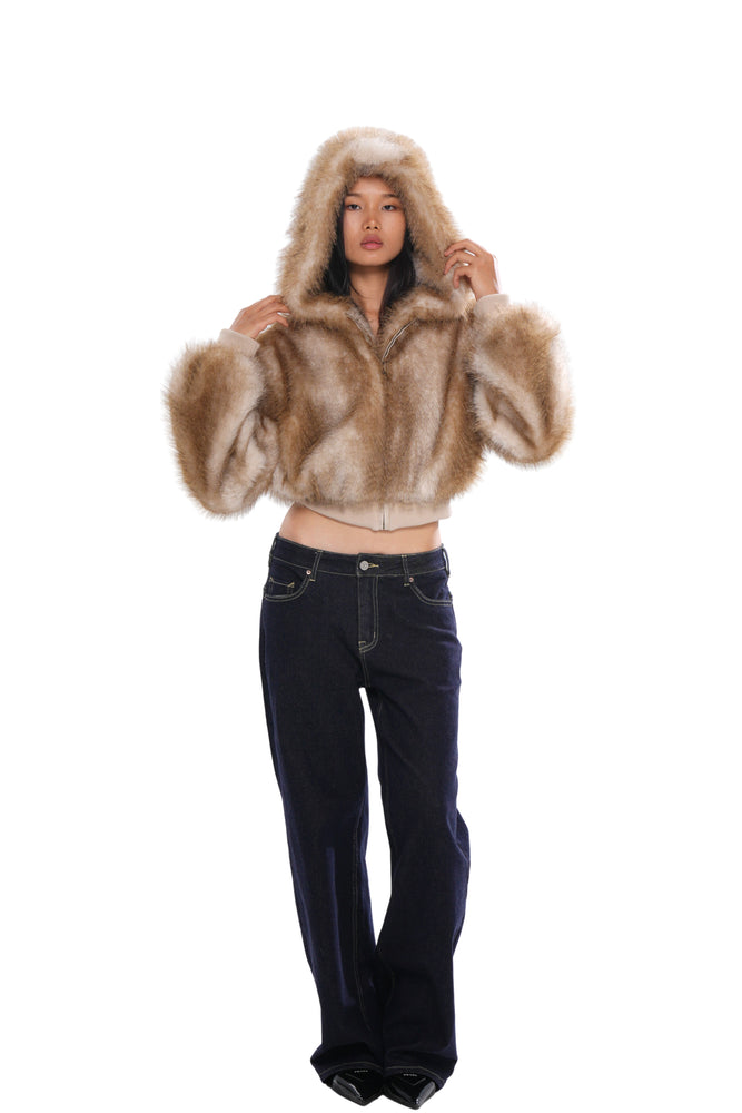 COZY FAUX FUR CROPPED HOODED JACKET