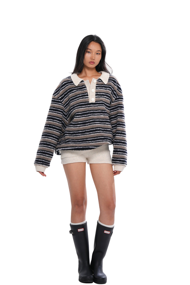 STRIPED DOUBLE-LAYER FLEECE RUGBY JACKET & KNIT SHORTS