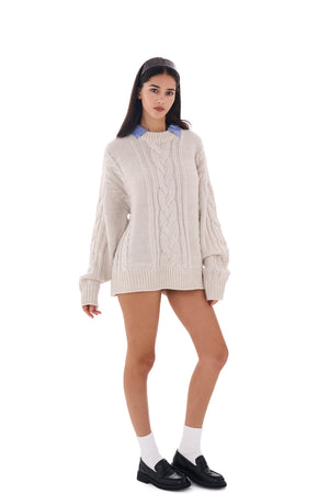 FLUFFY OVERSIZED CABLE-KNIT JUMPER WITH SHIRT COLLAR