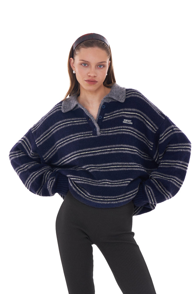 MOHAIR KNIT RUGBY JERSEY TOP IN STRIPE