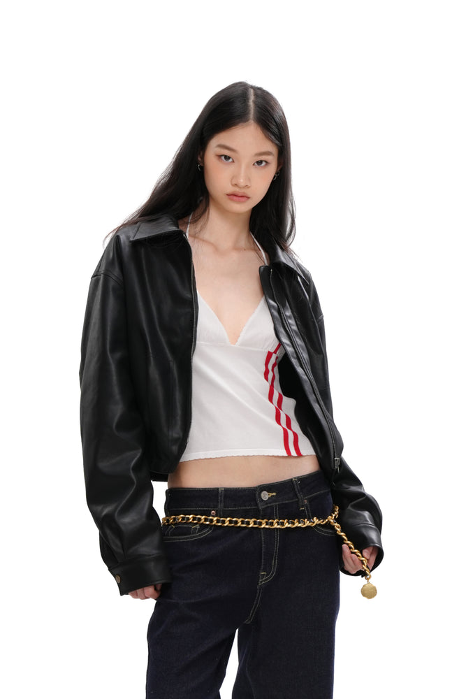 CROPPED FAUX LEATHER JACKET WITH SHERPA LINING