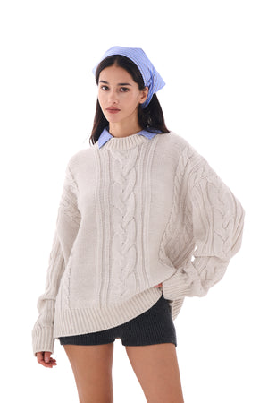 FLUFFY OVERSIZED CABLE-KNIT JUMPER WITH SHIRT COLLAR