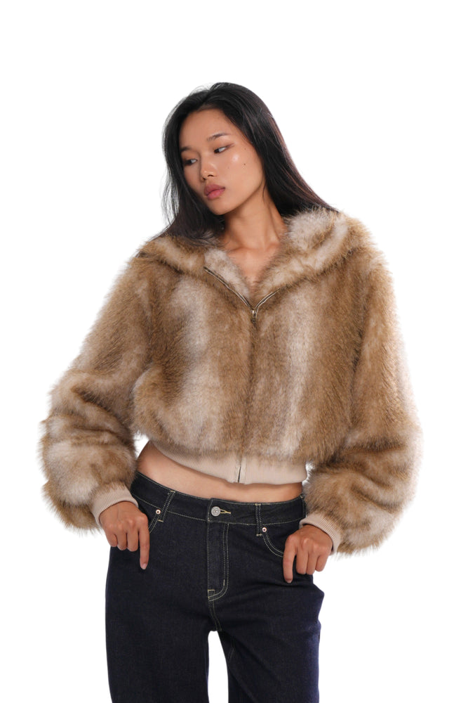 COZY FAUX FUR CROPPED HOODED JACKET