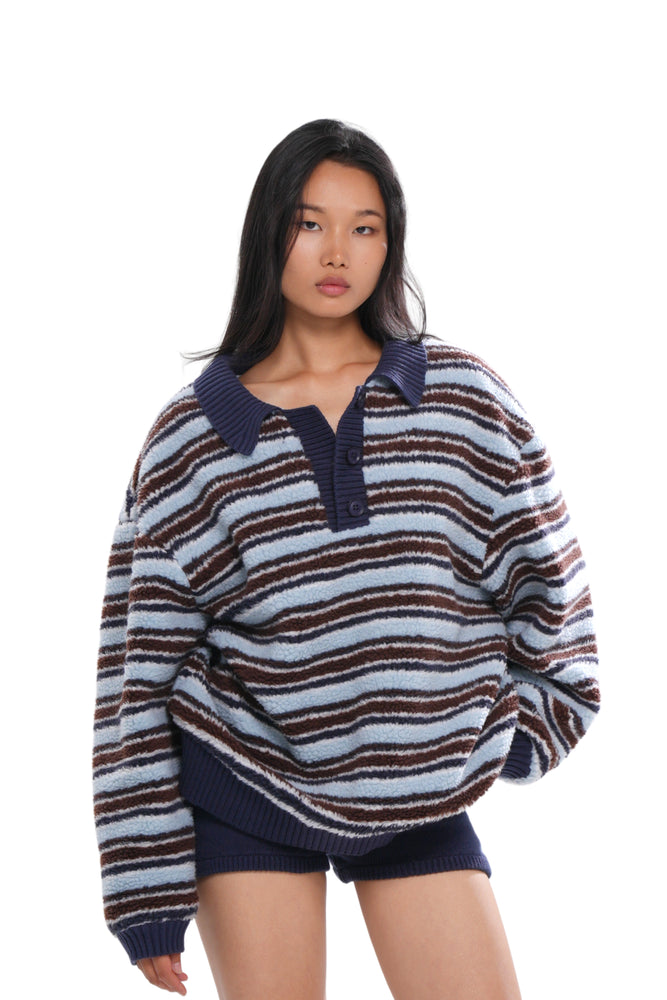 STRIPED DOUBLE-LAYER FLEECE RUGBY JACKET & KNIT SHORTS