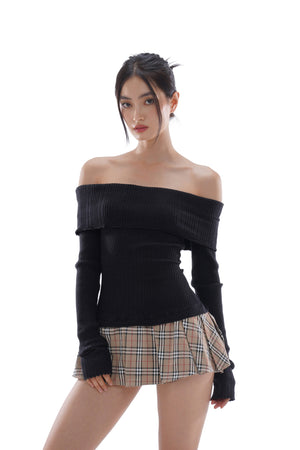 OFF-SHOULDER PATCHWORK PLEATED MINI DRESS