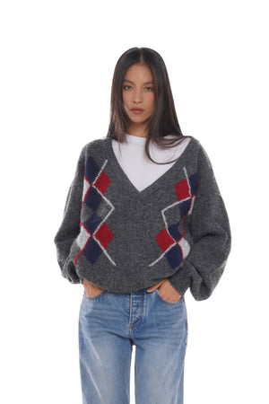 V-NECK WOOL-BLEND ARGYLE SWEATER