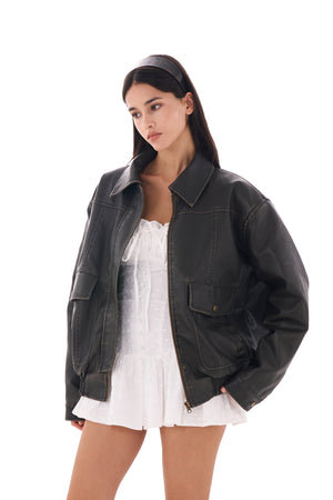 OVERSIZED FAUX LEATHER QUILTED JACKET