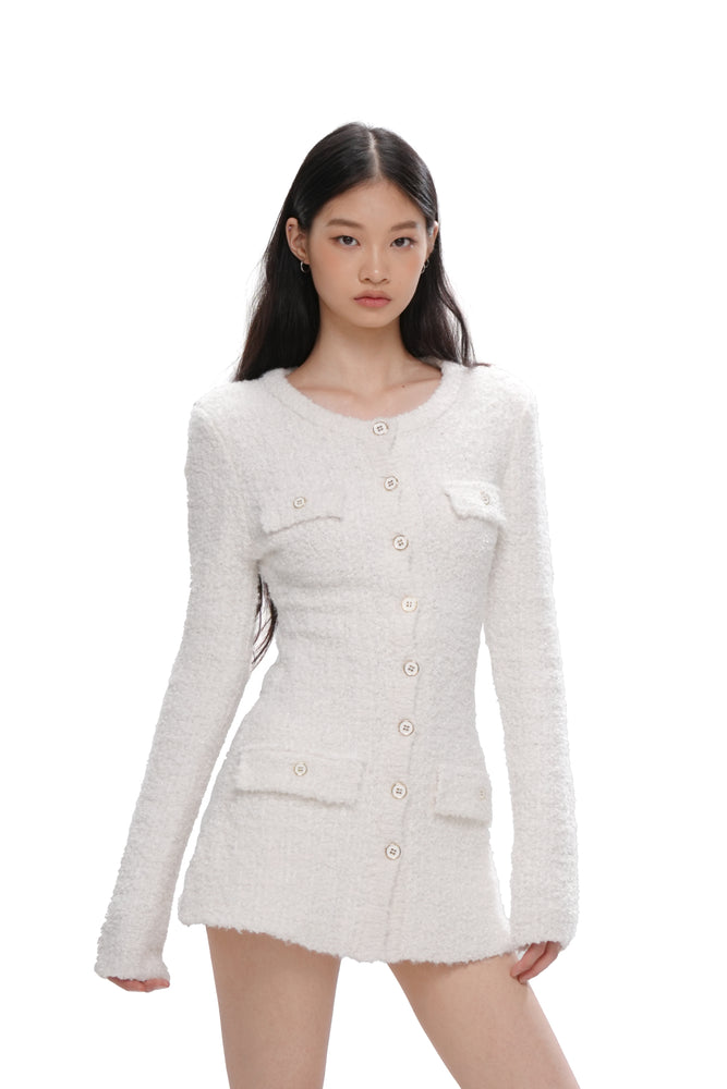 white knit long sleeve dress Seasonal Treats Cable Sweater in Ivory In focus TEXTURED KNIT LONG-SLEEVE DRESS &