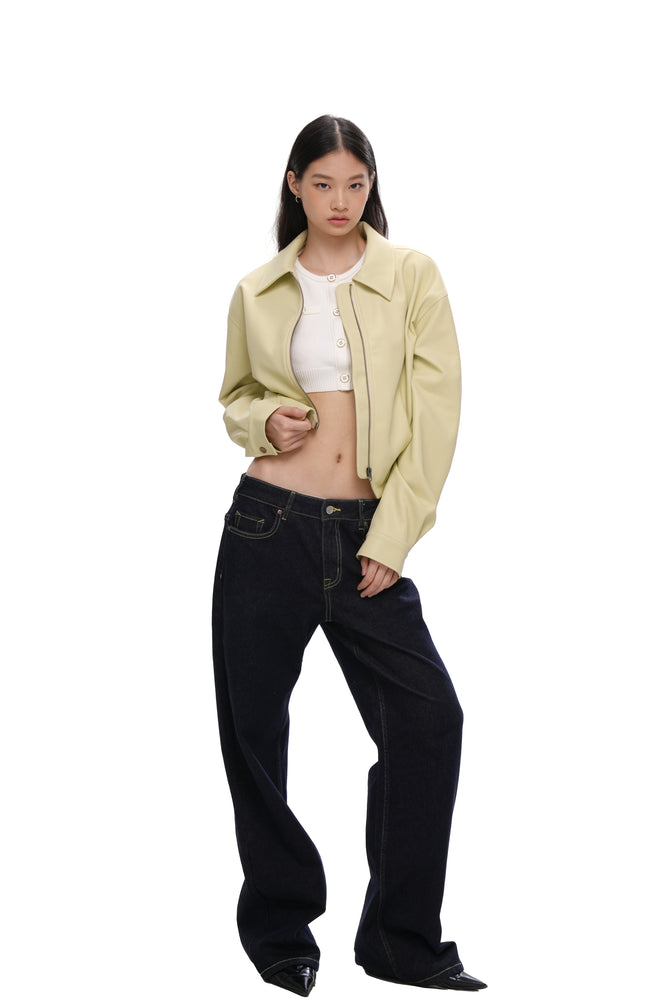CROPPED FAUX LEATHER JACKET WITH SHERPA LINING