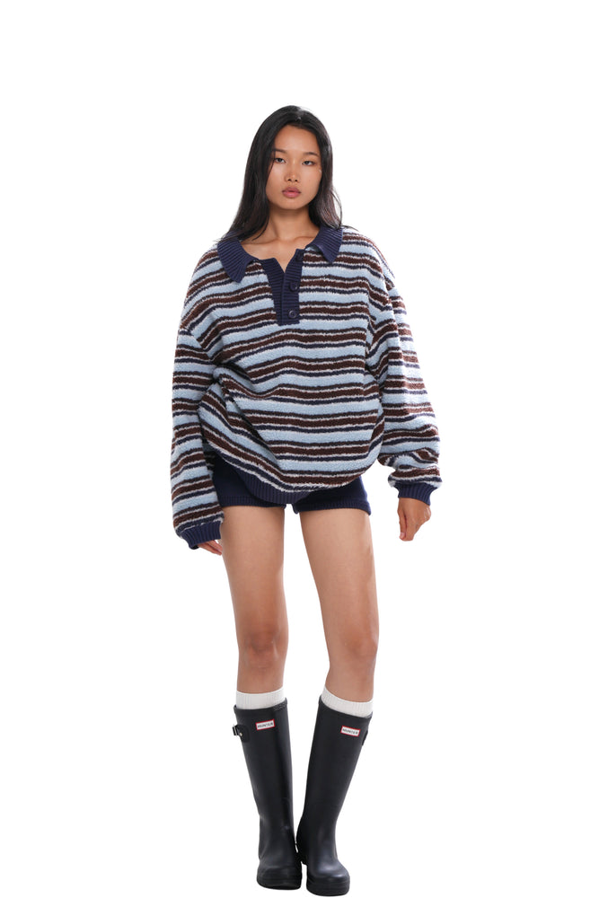 STRIPED DOUBLE-LAYER FLEECE RUGBY JACKET & KNIT SHORTS