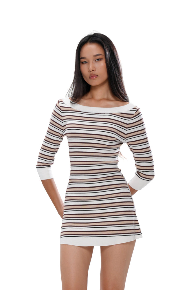 STRIPED BOATNECK KNIT MINI DRESS