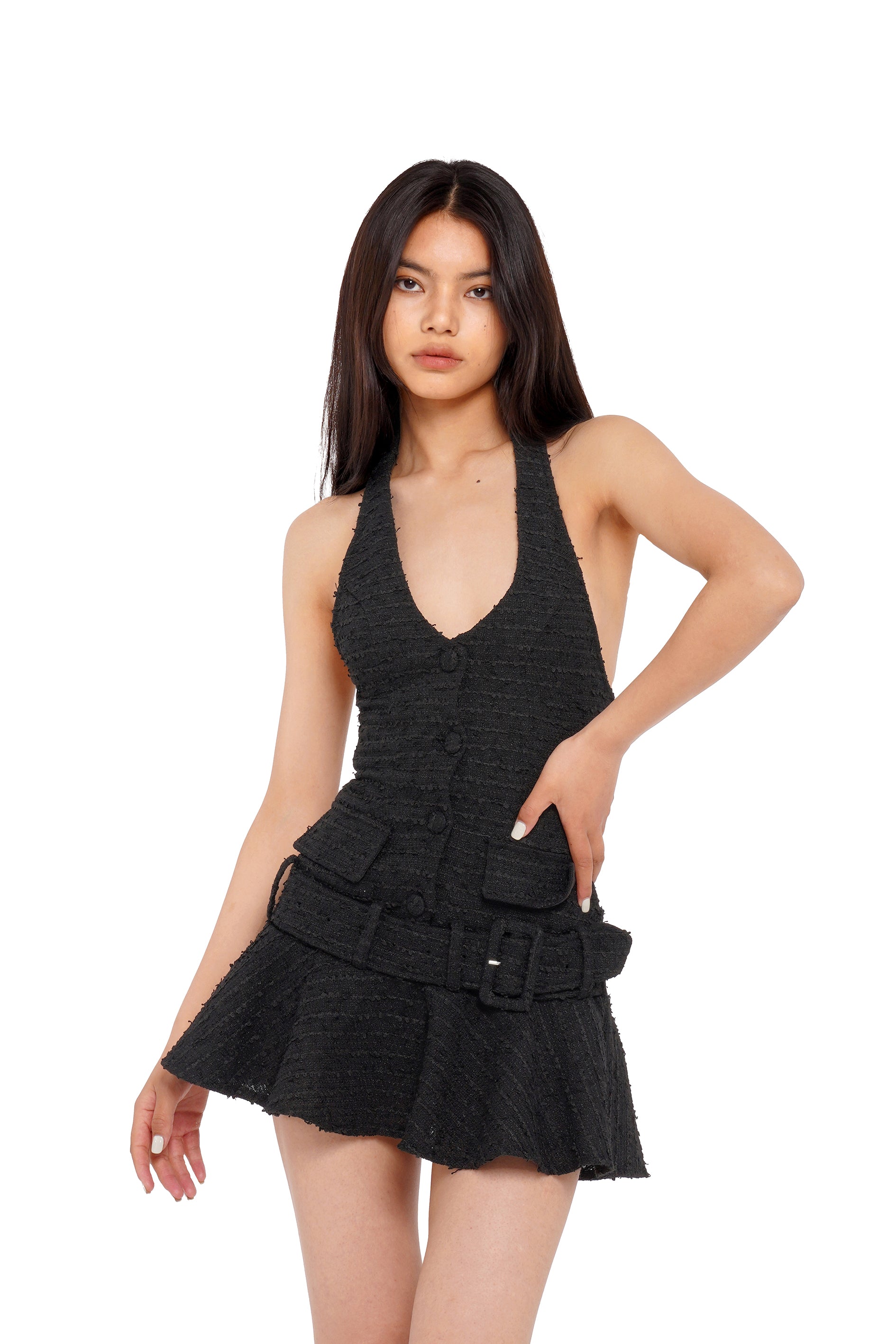 TEXTURED HALTER NECK PLEATED MINI DRESS