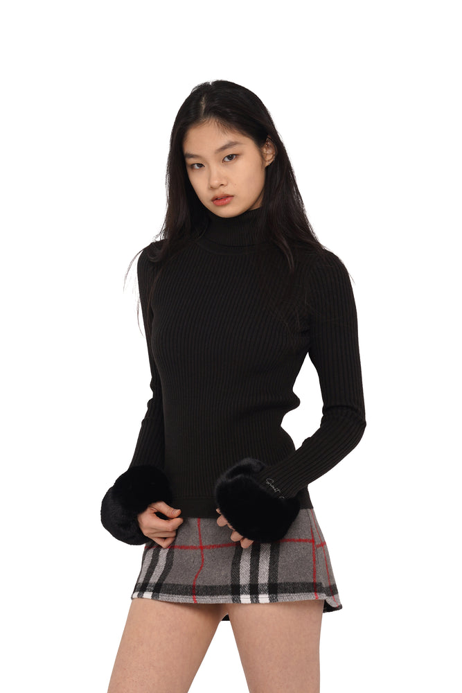 TURTLENECK TIGHT SWEATER WITH MINI SKIRT & FAUX FUR HAND WARMERS