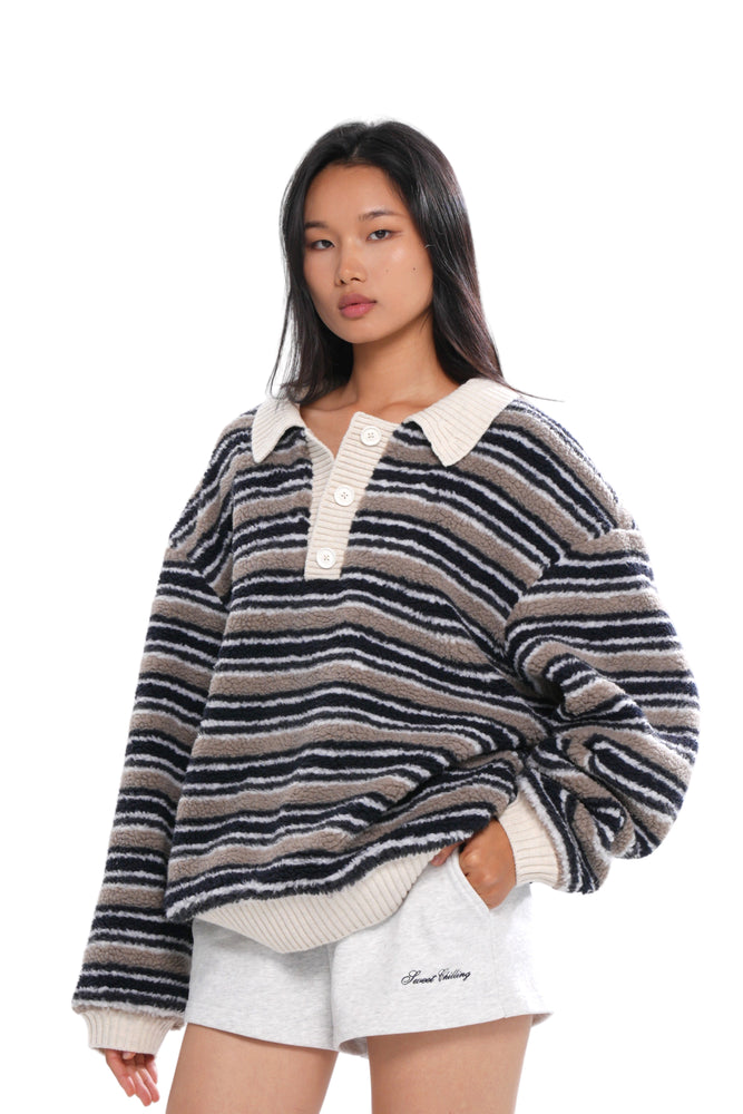 STRIPED DOUBLE-LAYER FLEECE RUGBY JACKET & KNIT SHORTS