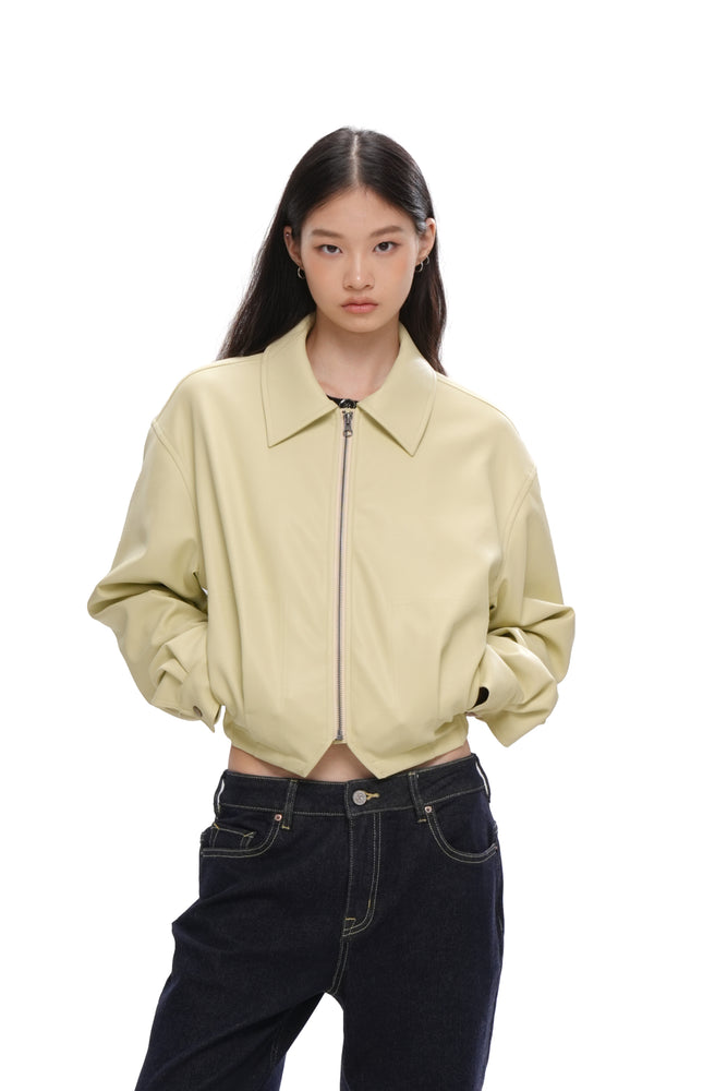 CROPPED FAUX LEATHER JACKET WITH SHERPA LINING