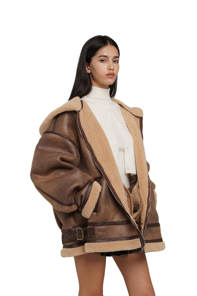 FAUX LEATHER AND FAUX SHEARLING OVERSIZED JACKET