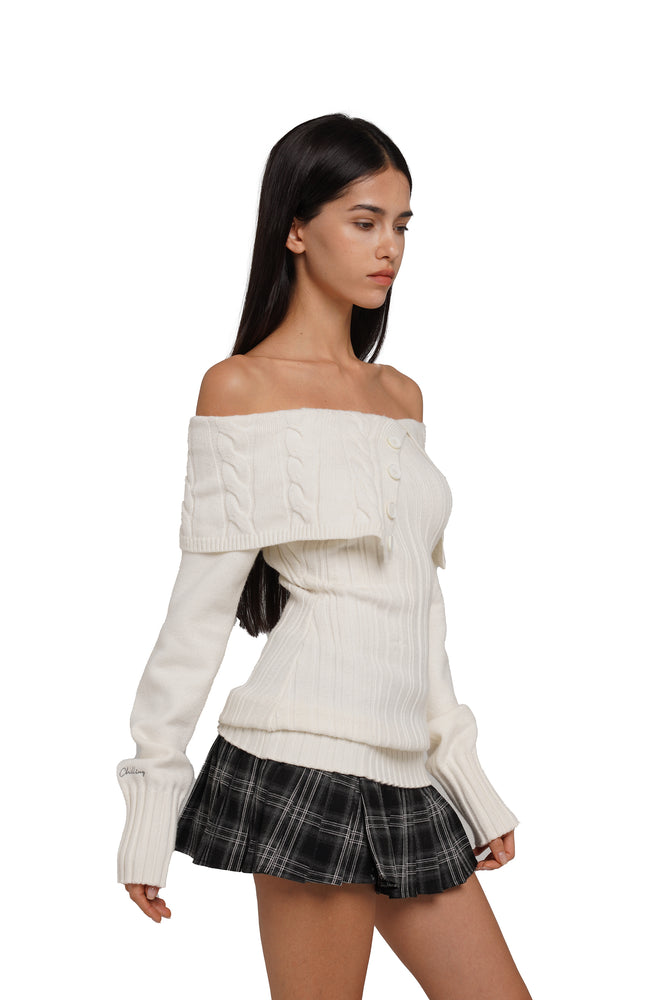 BUTTONED OFF-THE-SHOULDER SWEATER