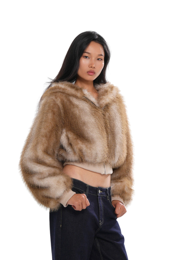 COZY FAUX FUR CROPPED HOODED JACKET