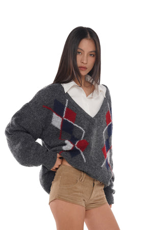 V-NECK WOOL-BLEND ARGYLE SWEATER