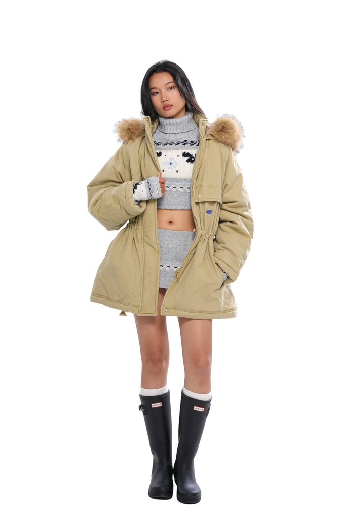 QUILTED PARKA COAT WITH DETAHCABLE FAUX FUR HOOD