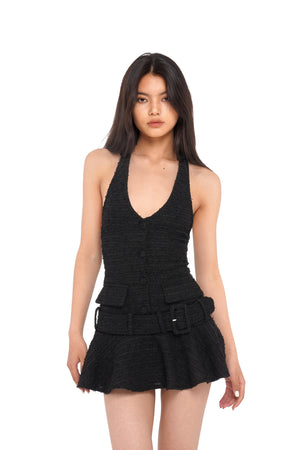 TEXTURED HALTER NECK PLEATED MINI DRESS Sweet Chilling TEXTURED HALTER NECK PLEATED MINI DRESS Sweet Chilling