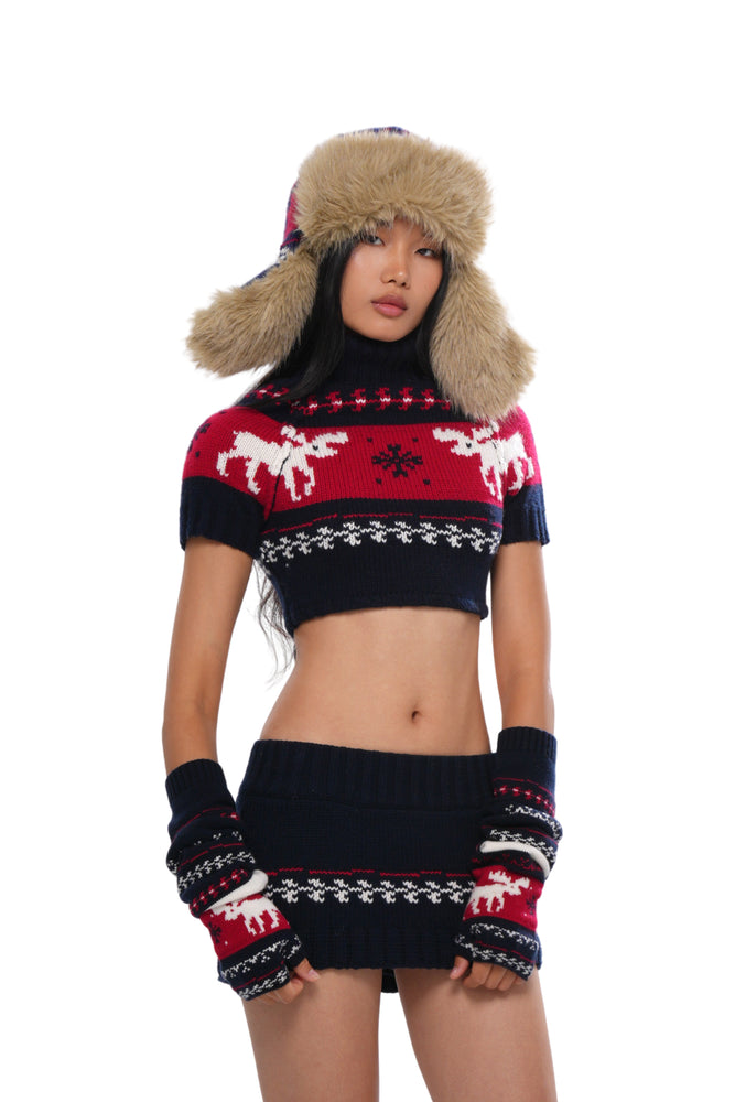REINDEER JACQUARD CROP TOP & MINI SKIRT& GLOVES