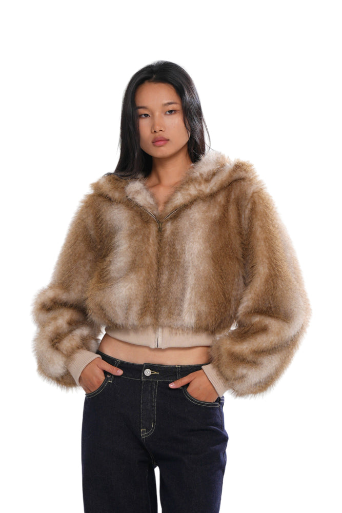 COZY FAUX FUR CROPPED HOODED JACKET