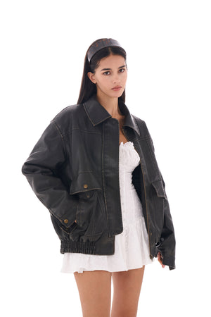 OVERSIZED FAUX LEATHER QUILTED JACKET