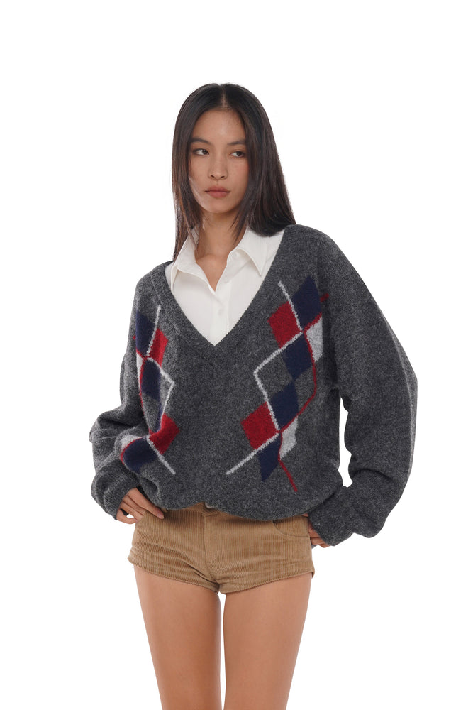 V-NECK WOOL-BLEND ARGYLE SWEATER