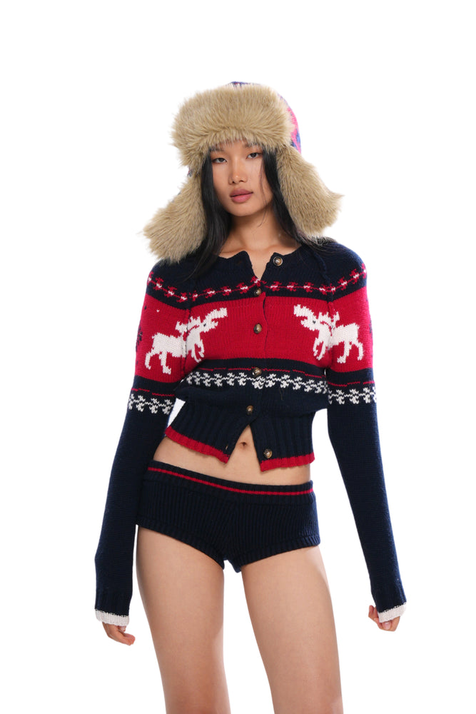 REINDEER JACQUARD CARDIGAN & MINI SHORTS