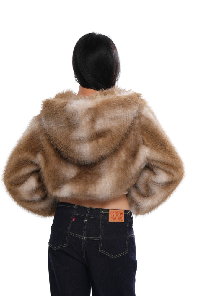 COZY FAUX FUR CROPPED HOODED JACKET