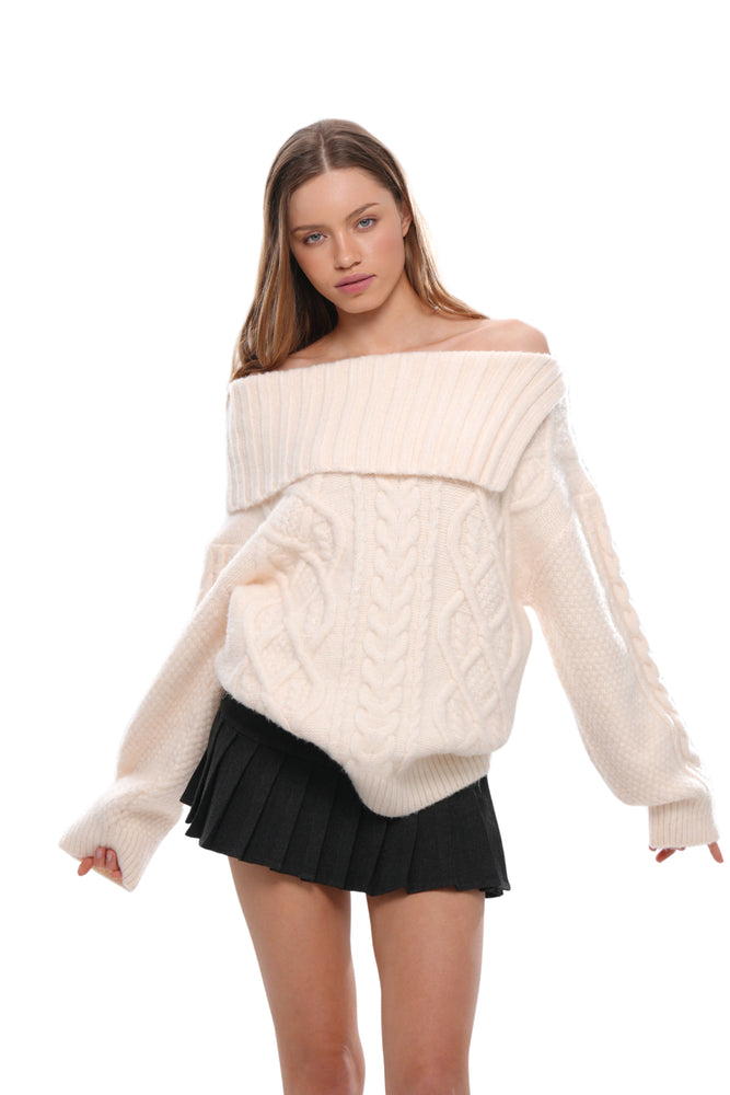 HOLIDAY VIBE OFF-SHOULDER RIBBED SWEATER