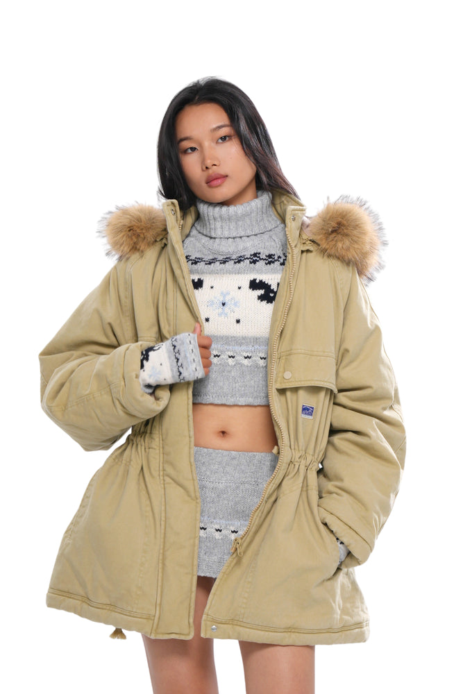 QUILTED PARKA COAT WITH DETAHCABLE FAUX FUR HOOD