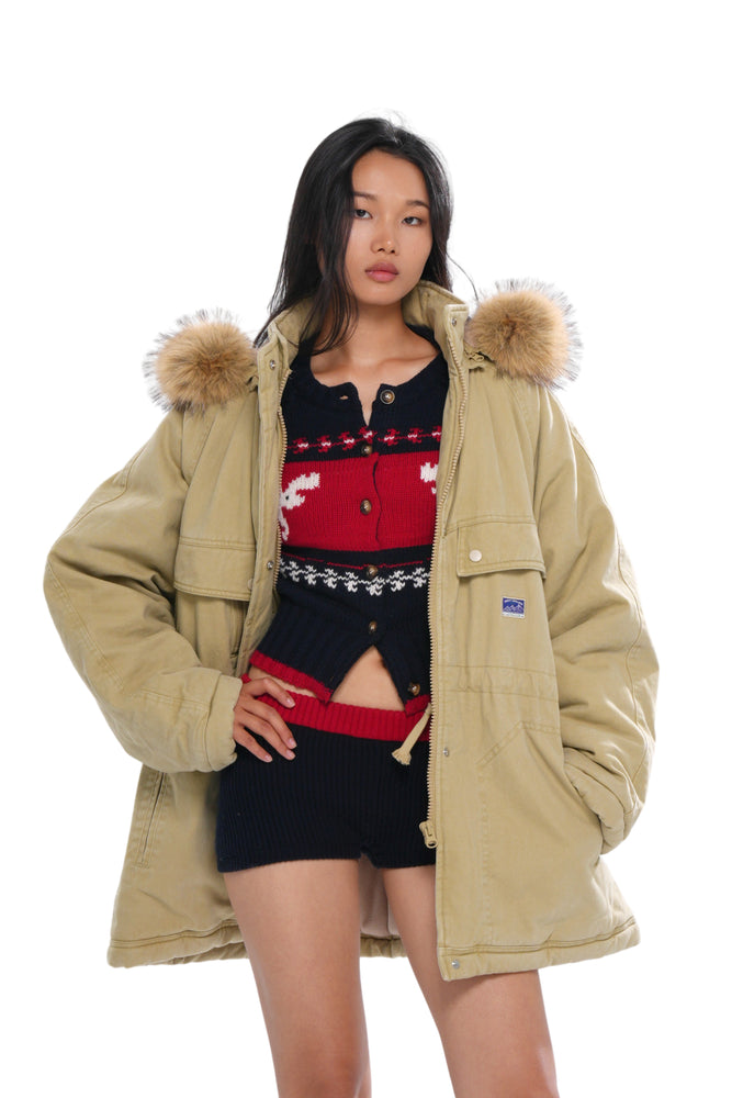 QUILTED PARKA COAT WITH DETAHCABLE FAUX FUR HOOD
