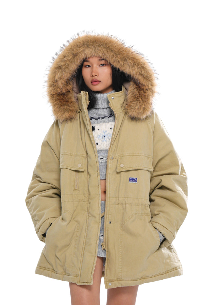QUILTED PARKA COAT WITH DETAHCABLE FAUX FUR HOOD