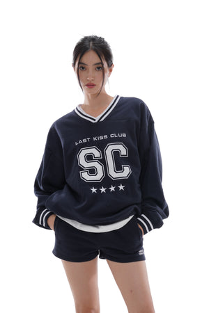 OVERSIZE CASUAL V-NECK  FOOTBALL SWEATERSHIRT & CASUAL SWEAT SHORT